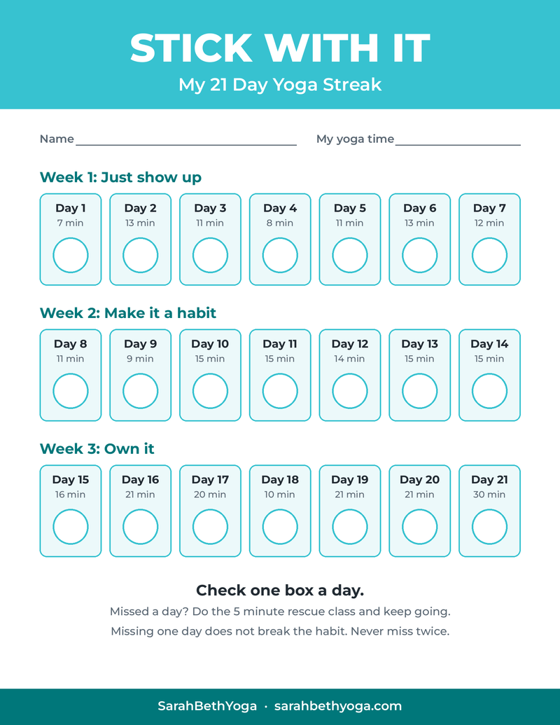 Stick With It printable 21 day yoga streak tracker